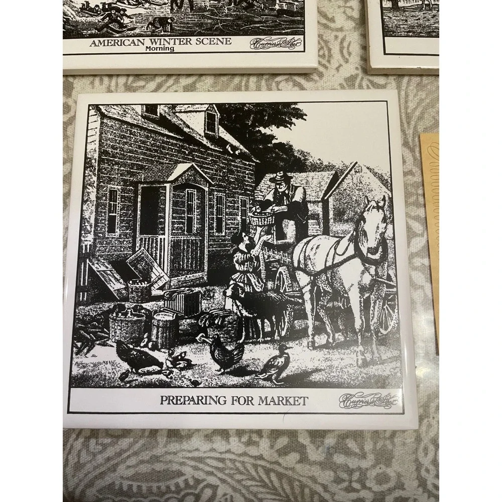 Vintage Currier Ives hot plates wall hanging American Winter Scene Village